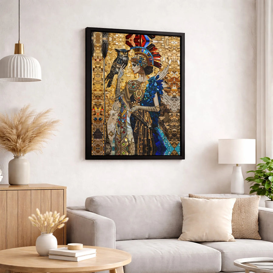 Goddess with Owl Canvas Wall Art | Golden Mosaic Warrior Print | Premium Gallery Wrapped Decor | Mythological Home & Office Wall Decor Gift