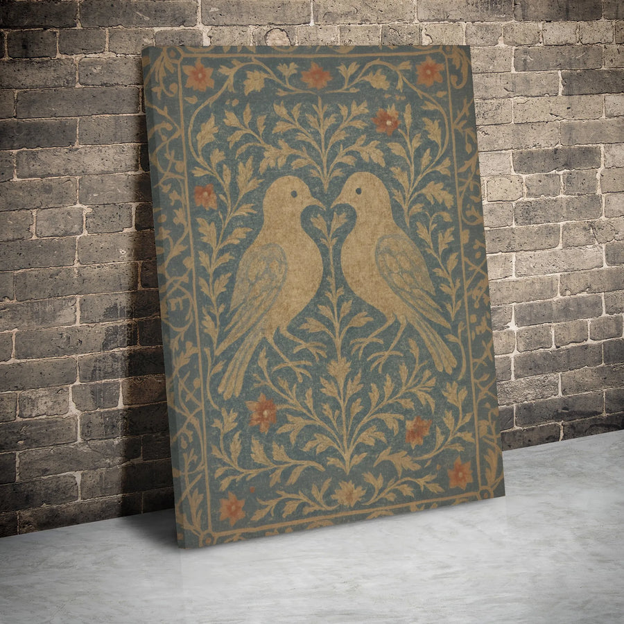Vintage Love Birds Canvas Art | Symmetrical Floral Botanical Print | Premium 1.25" Gallery Wrap | Romantic Home Decor Gift