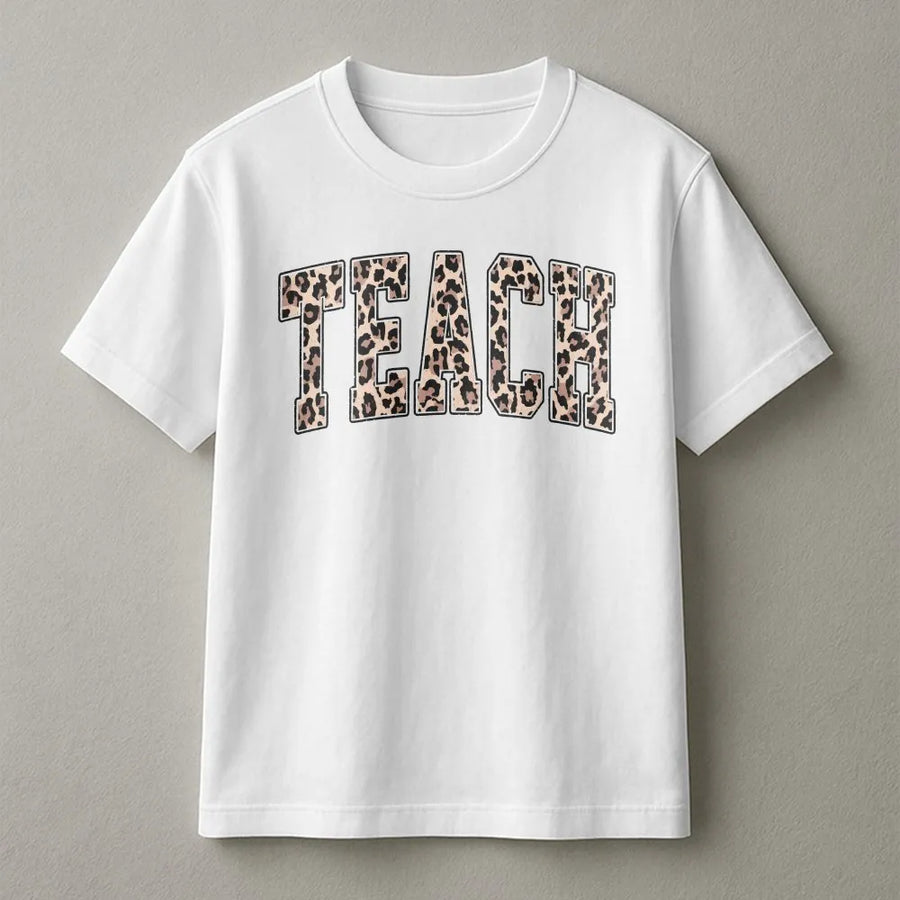 Teacher T-Shirt | Leopard Print Varsity Letters | Soft Cotton Blend Pullover | Back to School Gift for Teacher