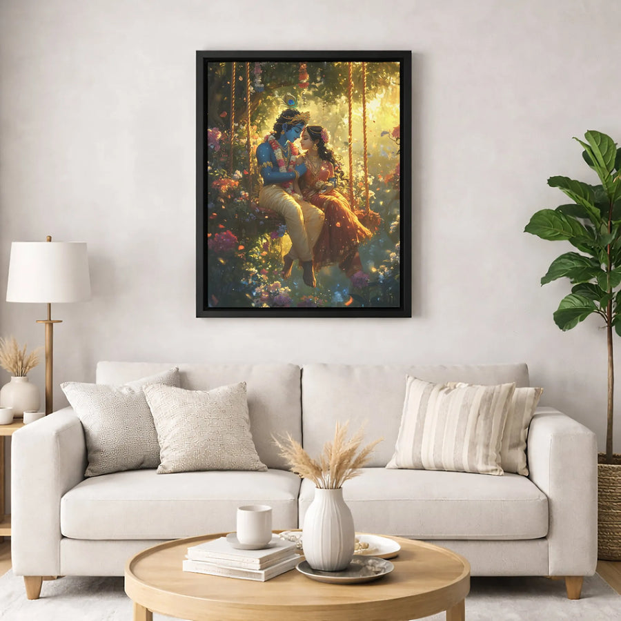 Radha Krishna Canvas Wall Art | Romantic Hindu Deity Painting on Swing | Premium Fade-Resistant Decor | Spiritual Home and Office Gift