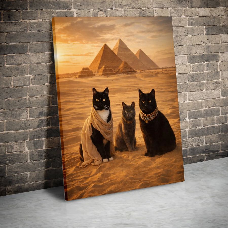 Egyptian Cats Canvas Wall Art | Royal Pharaoh Cats with Pyramids | Thick Gallery Wrap Print | Collector's Gift for Cat Lover