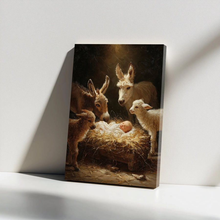 Nativity Scene Canvas Print | Baby Jesus with Animals Wall Art | Premium Gallery Wrap Decor | Religious Christmas Gift for Home