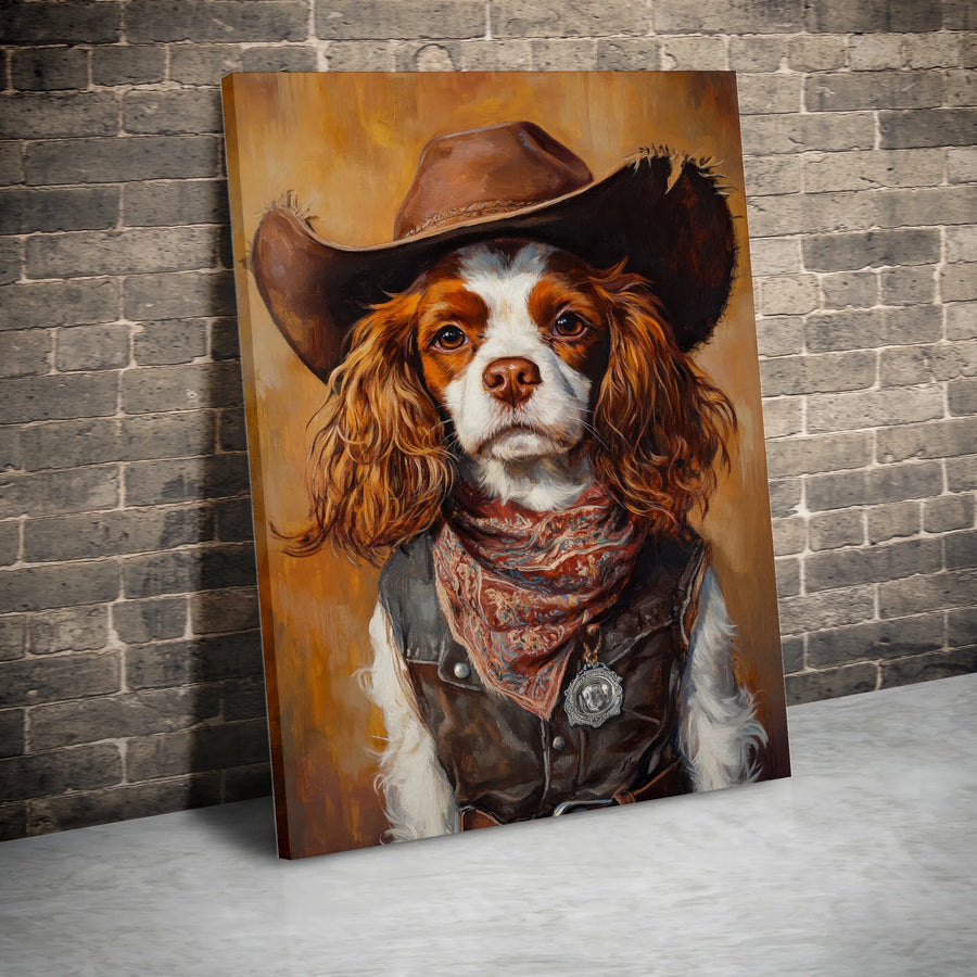 Cavalier King Charles Spaniel Wall Art | Cowboy Dog Portrait With Hat | Premium Gallery Wrap Canvas | Unique Pet Lover Gift For Home Decor