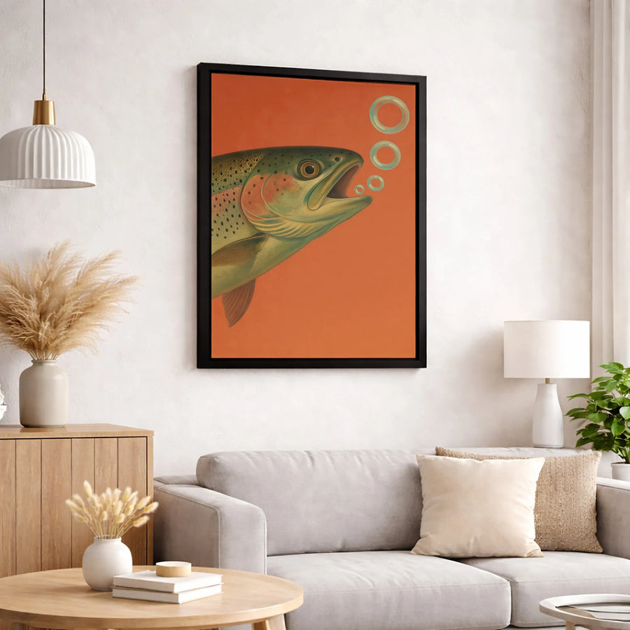 Rainbow Trout Canvas Art | Vintage Fish Illustration Blowing Bubbles | Premium Gallery Wrap Print | Fisherman Gift & Cabin Decor