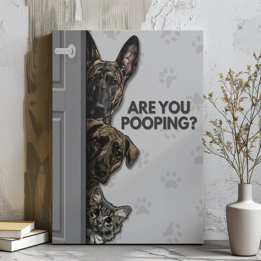 Are You Pooping? Funny Bathroom Canvas Wall Art | Peeking Dogs And Cat Print | Premium Gallery Wrap Decor | Humorous Gift For Pet Lovers