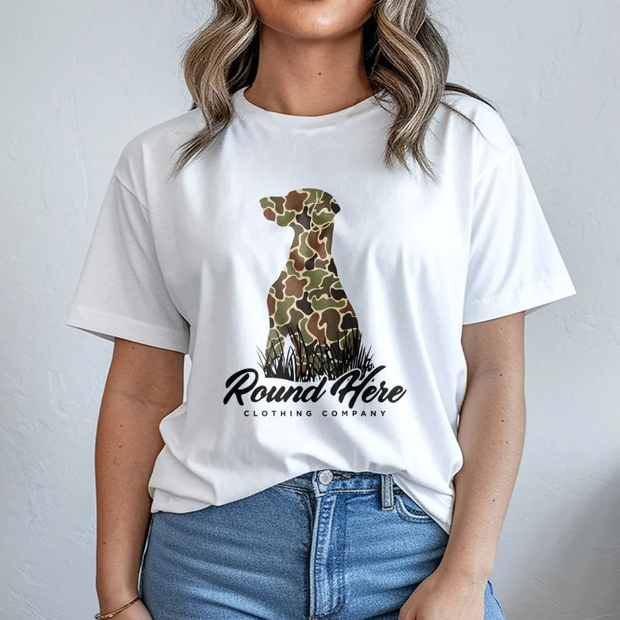 Camo Hunting Dog T-Shirt | Retriever Silhouette Graphic | Premium Cotton | Outdoor Country Lifestyle Gift for Men