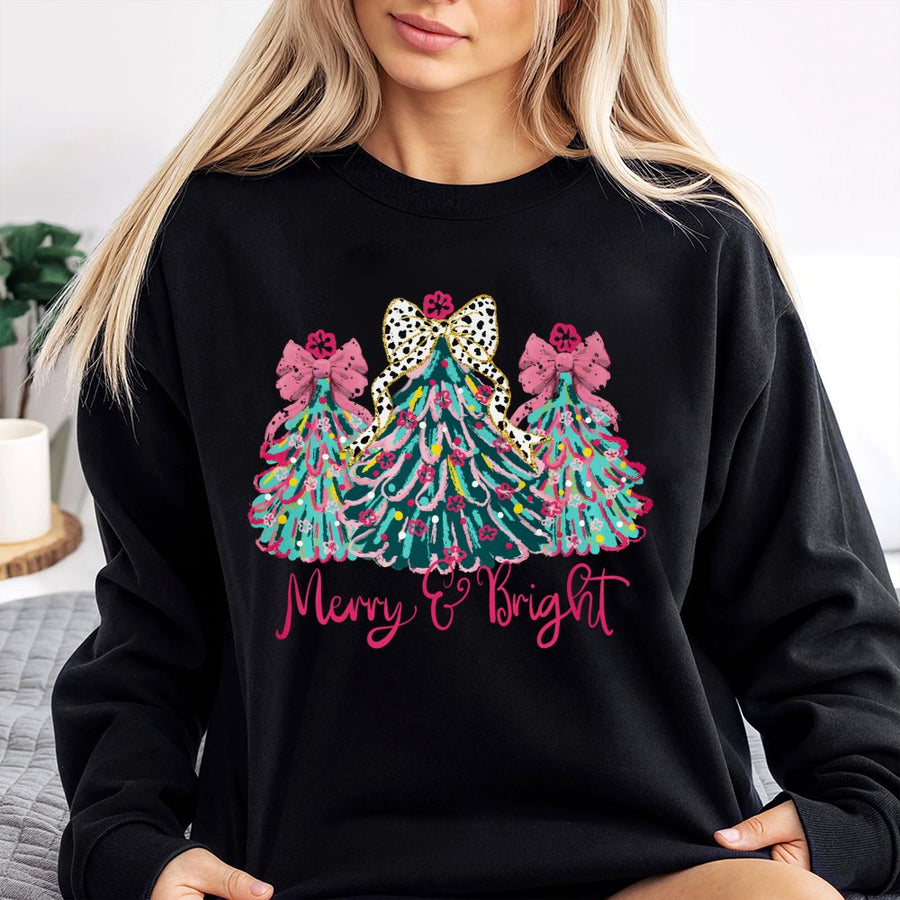 Merry and Bright Sweatshirt | Coquette Christmas Tree Bow Graphic | Soft Cotton Blend Unisex Pullover | Preppy Holiday Gift for Her