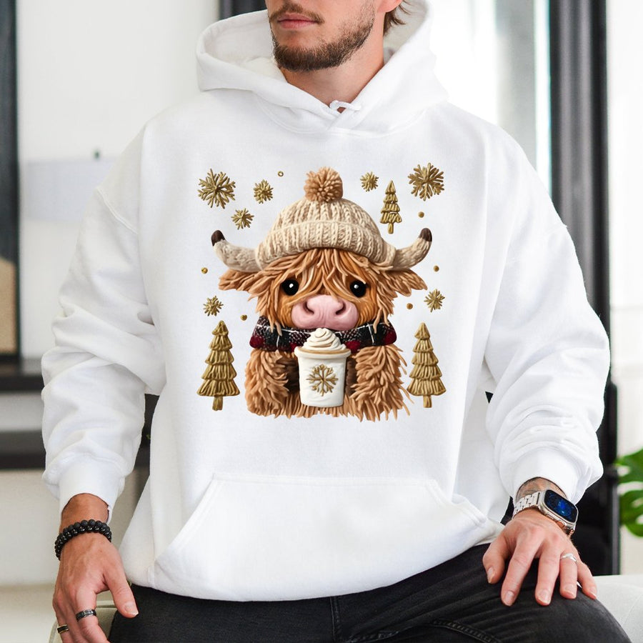 Highland Cow Christmas Hoodie | Festive Faux Embroidery Graphic | Premium Cotton Blend | Cozy Holiday Gift for Her