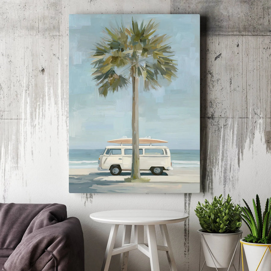 Coastal Beach Canvas Wall Art | Surf Van Palm Tree Landscape | Premium Gallery Wrapped Print | Relaxed Boho Home Decor Gift