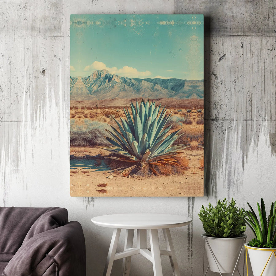 Vintage Desert Landscape Canvas Art | Southwestern Agave Plant Mountain View | Premium Gallery Wrap Wall Decor | Southwestern Home Office Gift Idea