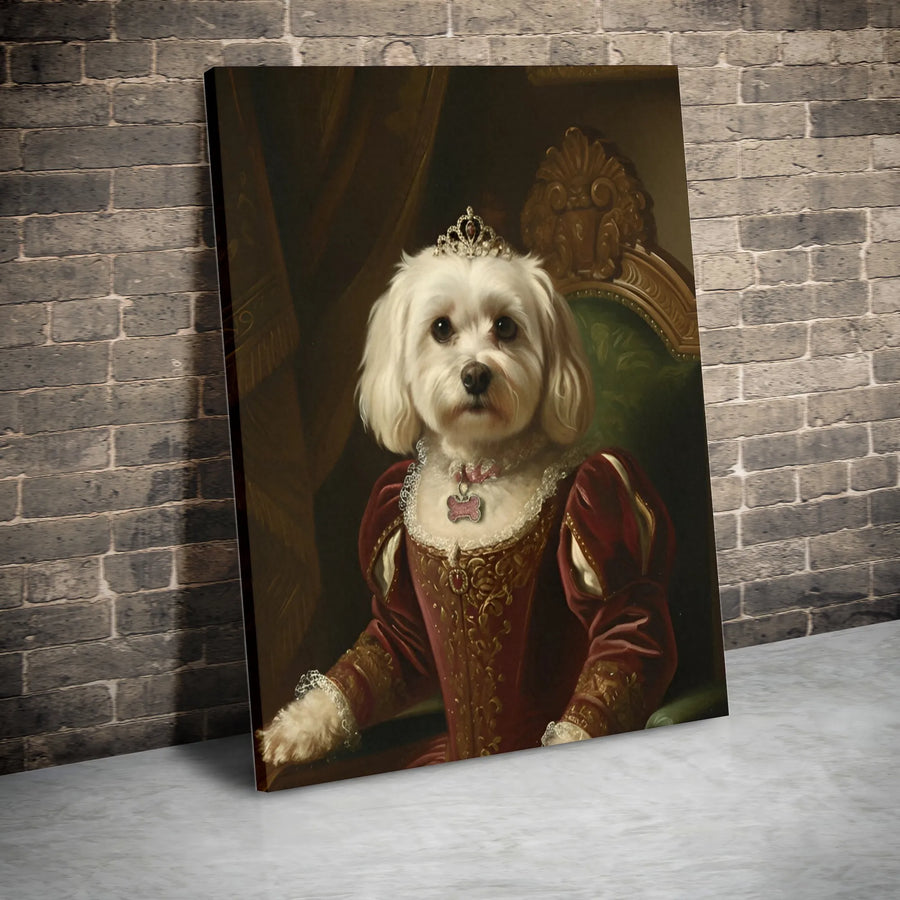 Royal Dog Portrait Canvas | Renaissance Queen Maltese Painting | Premium Gallery Wall Art | Unique Gift for Dog Lover