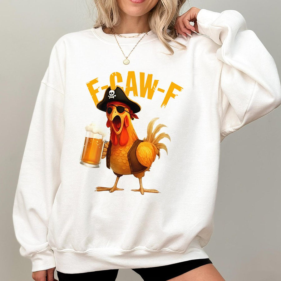 F Caw F Sweatshirt | Funny Pirate Chicken Drinking Beer Graphic | Premium Cotton Blend Crewneck | Sarcastic Rooster Lover Gift for Men Women