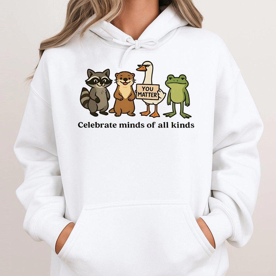 Celebrate Minds Of All Kinds Hoodie | Cute Neurodiversity Animal Graphic | Premium Cotton Blend | Mental Health Awareness Gift for Teachers