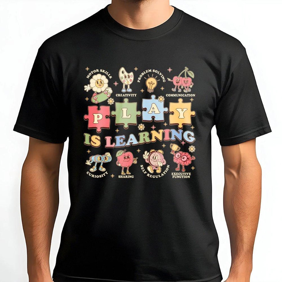 Play Is Learning Teacher T-Shirt | Retro Preschool Educator Design | 100% Cotton Premium Tee | Kindergarten Classroom Gift for Women
