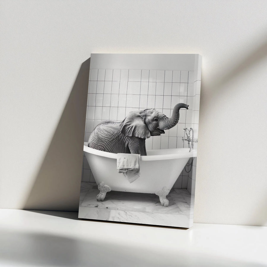 Baby Elephant Canvas Wall Art | Funny Bathing Elephant in Clawfoot Tub | Premium Gallery Wrap Print | Whimsical Bathroom Decor Gift