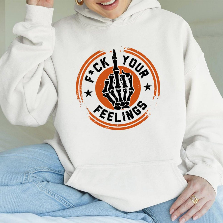 Skeleton Middle Finger Hoodie | Fuck Your Feelings Graphic Print | Cotton Blend Streetwear | Sarcastic Unisex Pullover Gift