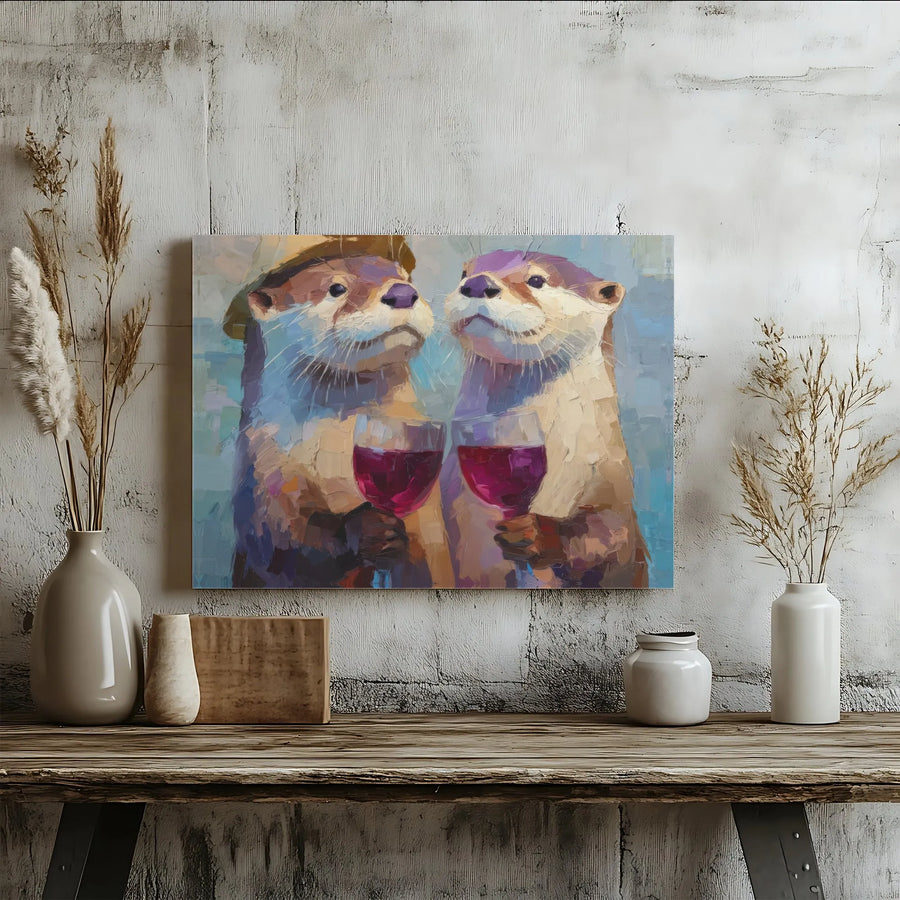 Otter Couple Wall Art | Whimsical Animals Toasting Wine Painting | Premium Gallery Canvas Print | Unique Home Decor Gift for Wine Lovers
