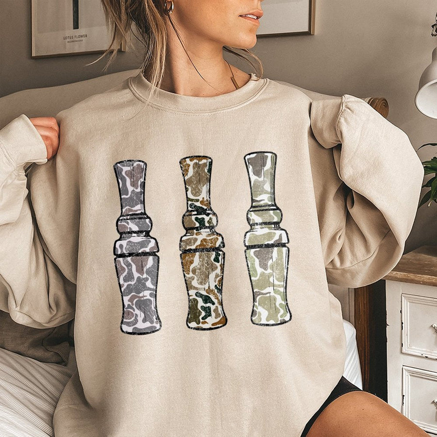 Duck Call Hunting Sweatshirt | Retro Camo Design Graphic | Premium Cotton Blend | Gift for Duck Hunter Outdoorsman