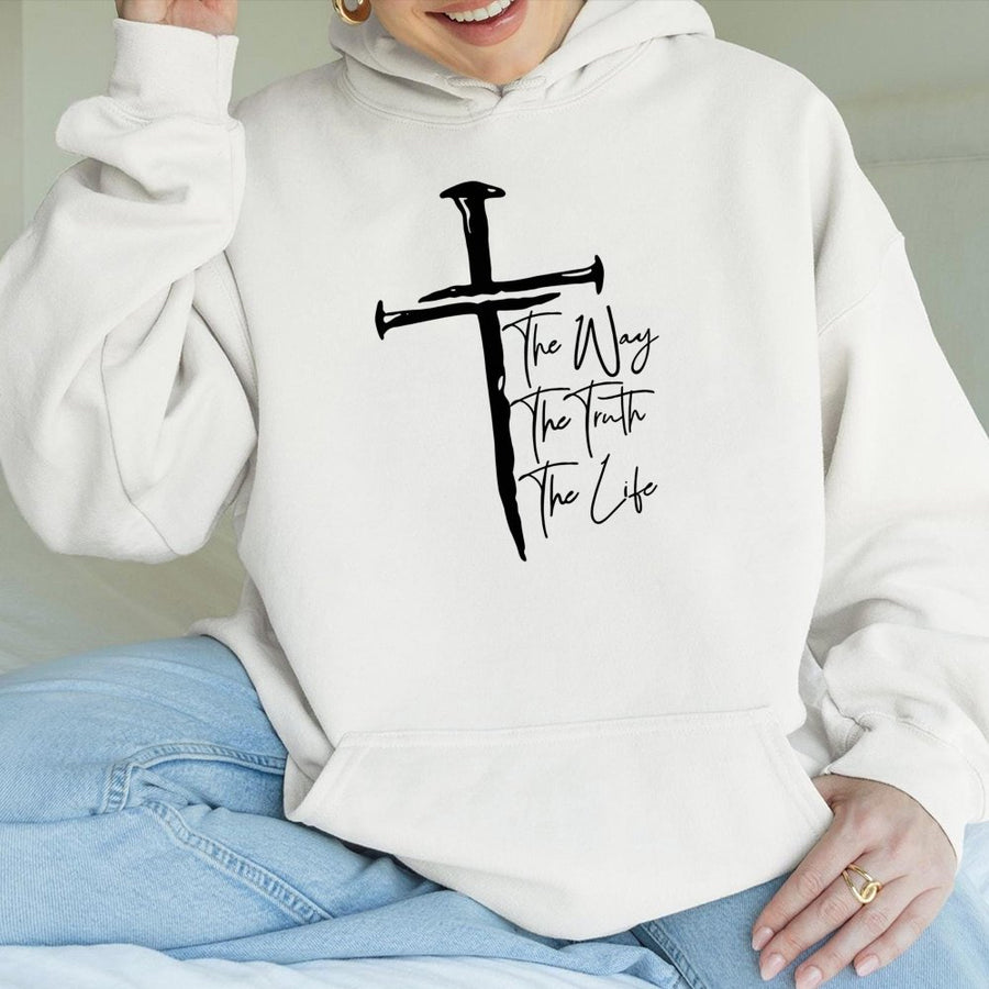 The Way The Truth The Life Hoodie | Nail Cross Christian Graphic | Premium Cotton Blend | Inspirational Faith Apparel Gift For Men And Women