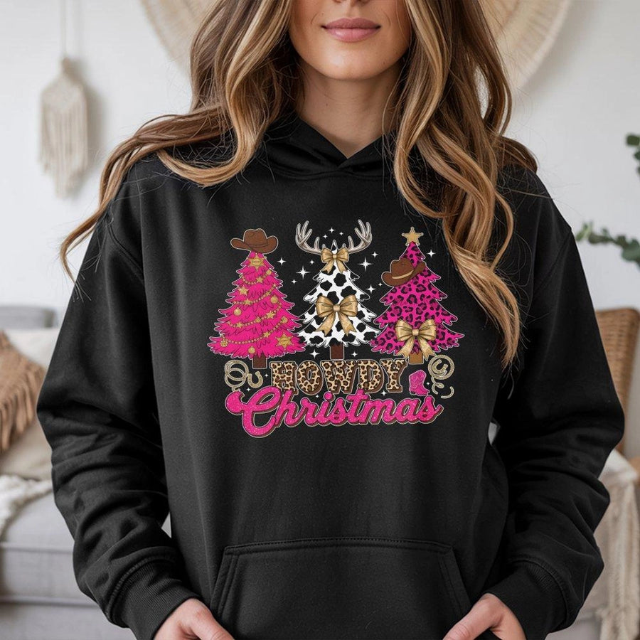 Howdy Christmas Hoodie | Western Cowgirl Pink Leopard Print | Premium Cotton Blend | Cute Country Holiday Gift for Women
