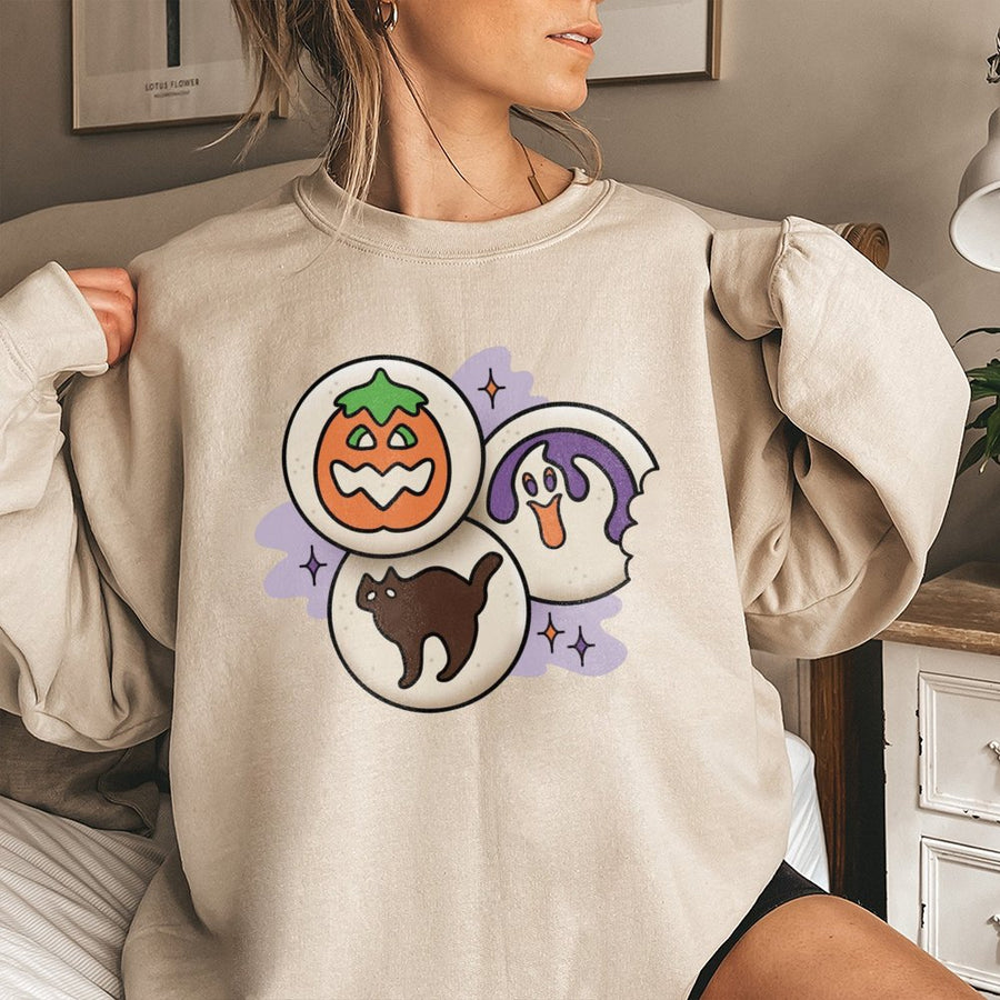 Halloween Cookie Sweatshirt | Cute Pumpkin Ghost Black Cat Graphic | Premium Cotton Blend | Spooky Season Gift For Women