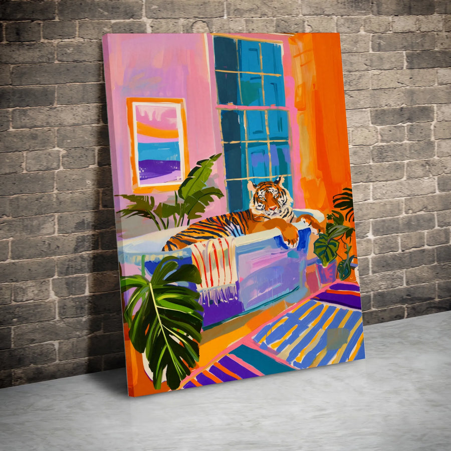 Tiger in Bathtub Canvas Wall Art | Colorful Tropical Jungle Decor | Premium 1.25-Inch Gallery Wrap | Whimsical Animal Home Decor Gift