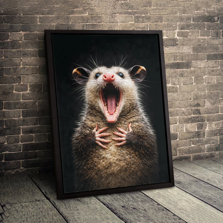 Screaming Opossum Canvas Wall Art | Funny Animal Portrait Hissing Expression | Premium 1.25-Inch Gallery Wrap | Unique Home Decor Gift For Wildlife Lovers