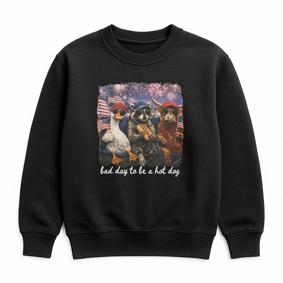 Funny 4th of July Sweatshirt | Bad Day To Be a Hot Dog Graphic | Cozy Cotton Blend | Unisex Patriotic Party Gift