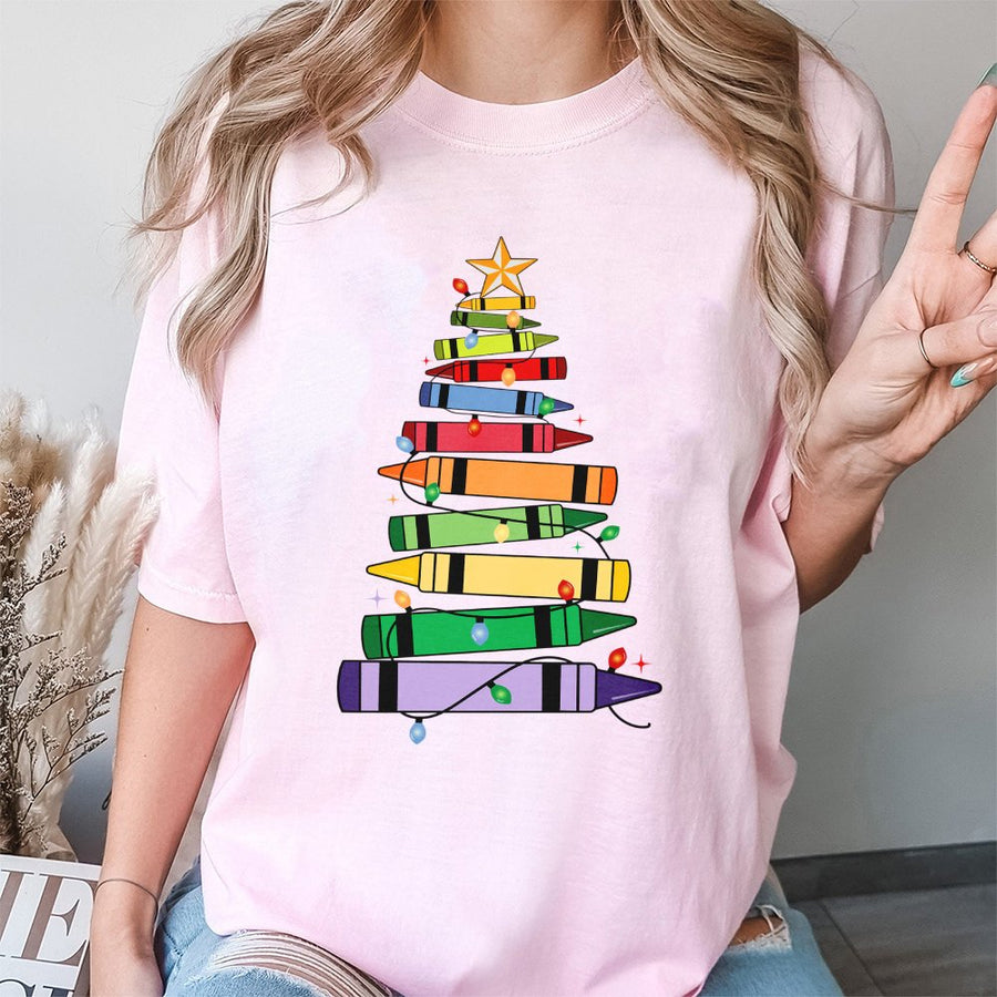 Crayon Christmas Tree Teacher T-Shirt | Festive Art Teacher Holiday Graphic | 100% Cotton Premium Tee | Unique Gift for Educators & Students