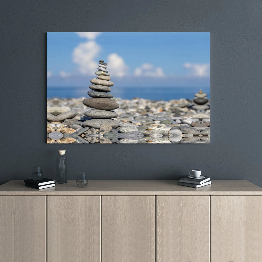 Zen Stacked Stone Canvas Wall Art | Serene Pebble Cairn Beach Photography | Premium 1.25" Gallery Wrap | Calming Home Office Decor