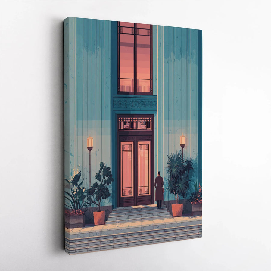 Mysterious Man in Trench Coat Wall Art | Architectural Cityscape Illustration | Premium Gallery Wrapped Canvas | Moody Home and Office Decor Gift
