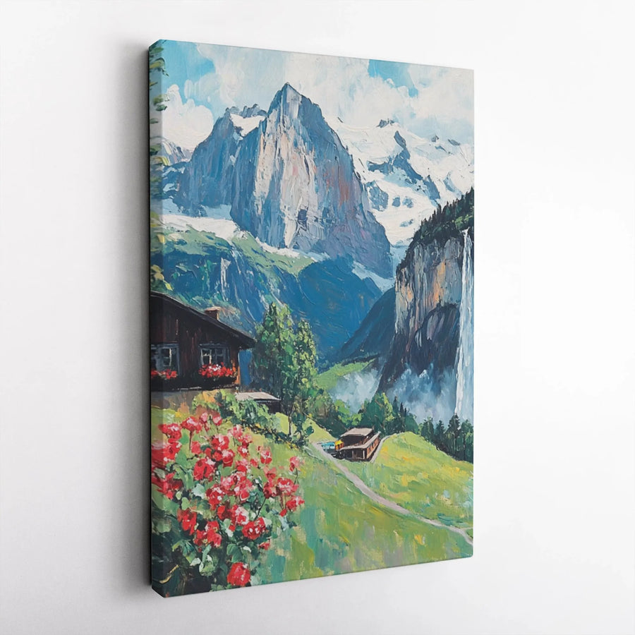 Swiss Alps Mountain Landscape Vertical Canvas | Rustic Chalet & Wildflowers Impressionist Painting Art | Premium 1.25" Thick Gallery Wrap Print | Nature Lover Cozy Home Wall Decor