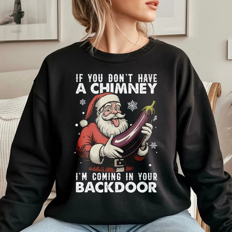 Funny Santa Christmas Sweatshirt | Rude Eggplant Chimney Design | Premium Cotton Blend | Offensive Holiday Gift For Adults