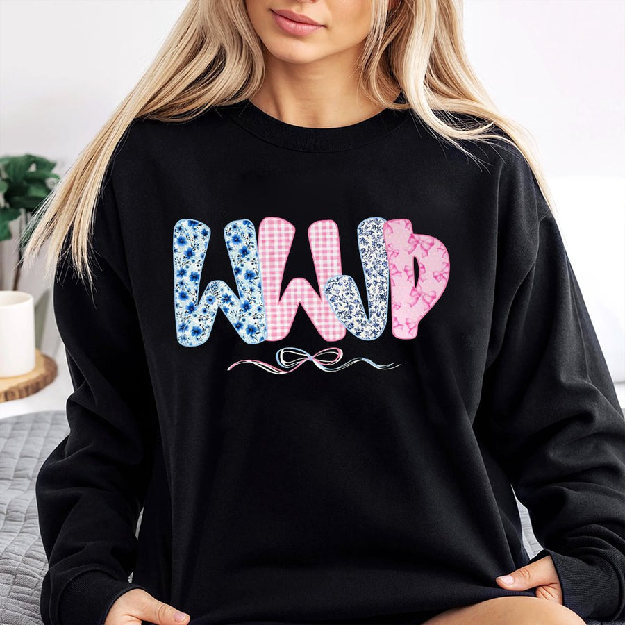 WWJD Sweatshirt | Floral Checkered Coquette Bow Design | Premium Cotton Blend | Faith-Based Aesthetic Christian Gift for Women