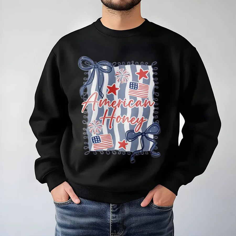 American Honey Sweatshirt | Patriotic USA Flag and Fireworks Graphic | Soft Cotton Tee | 4th of July Celebration Gift for Women