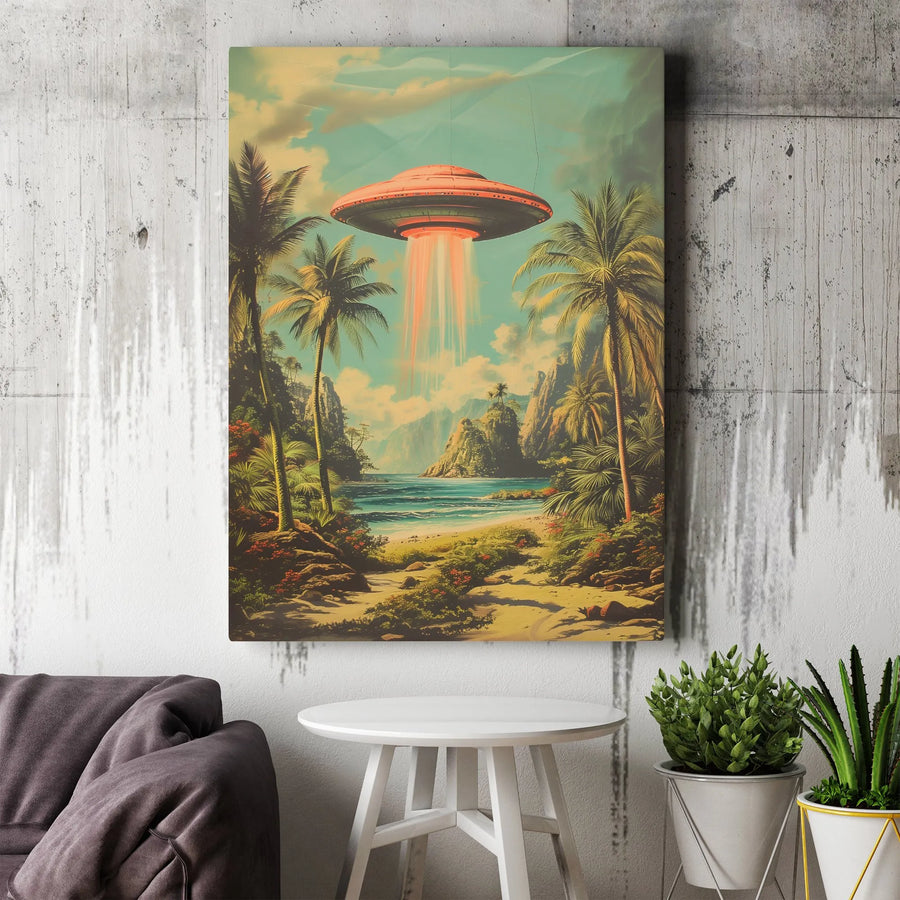UFO Over Tropical Beach Canvas | Retro Alien Flying Saucer Art | Premium Fade-Resistant Print | Surreal Sci-Fi Home Office Wall Decor Gift