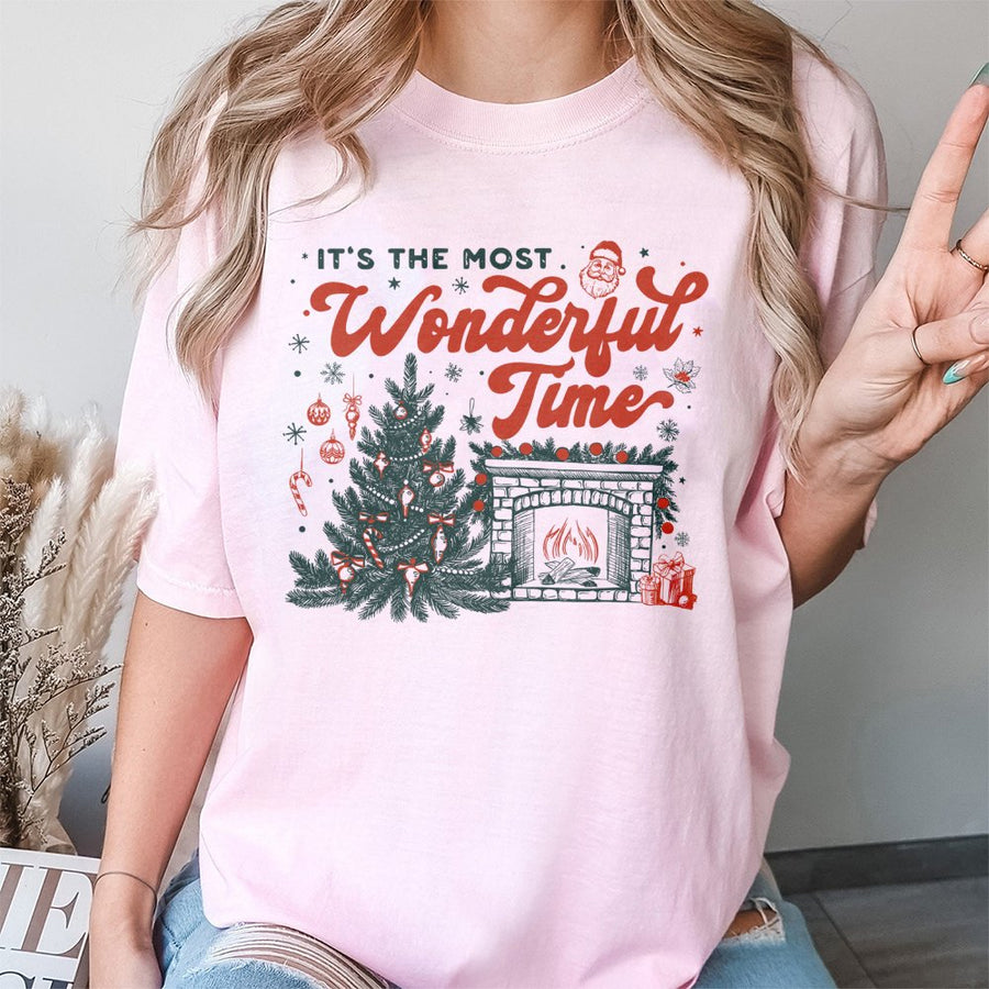 It’s The Most Wonderful Time Christmas T-Shirt | Vintage Holiday Fireplace & Tree Print | 100% Premium Cotton Tee | Festive Gift for Men & Women
