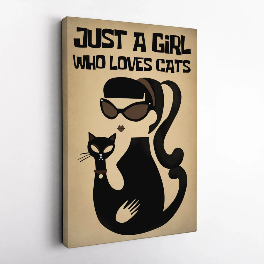 Just A Girl Who Loves Cats Canvas Wall Art | Retro Mid-Century Modern Illustration | Premium 1.25" Gallery Wrap | Unique Cat Lover Home Decor Gift