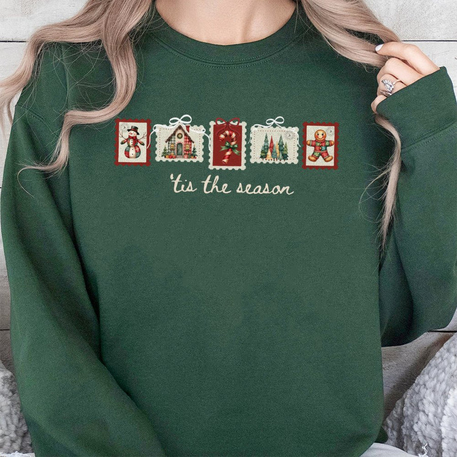Tis The Season Christmas Sweatshirt | Retro Winter Postage Stamp Design | Premium Cotton-Poly Blend | Cozy Holiday Gift For Her