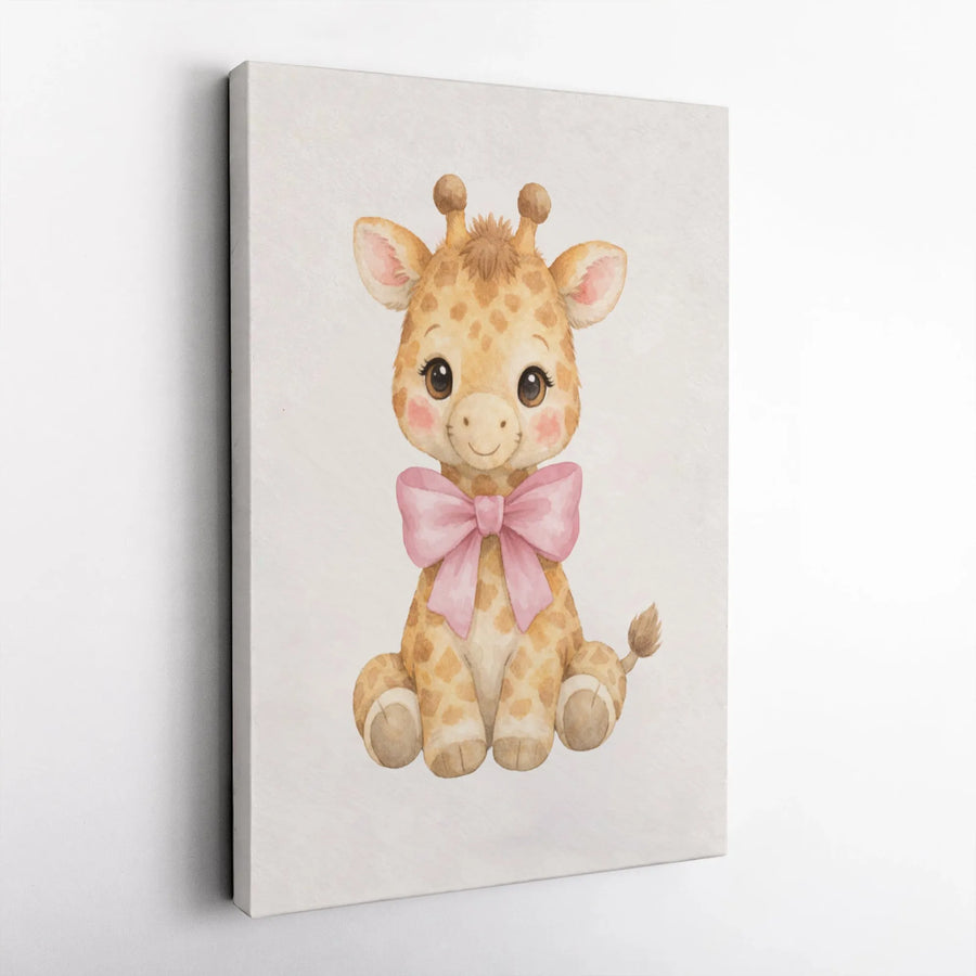Baby Giraffe Canvas Print | Cute Watercolor Animal with Pink Bow | Premium Gallery Wrapped Art | Safari Nursery Decor Gift for Girl