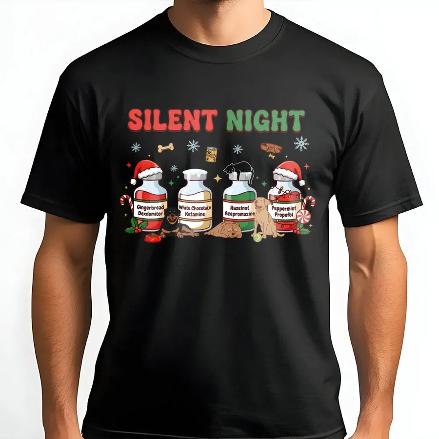 Silent Night Vet Med T-Shirt | Funny Veterinary Christmas Graphic | Premium Soft Cotton Unisex Tee | Gift for Veterinarian Vet Tech Student