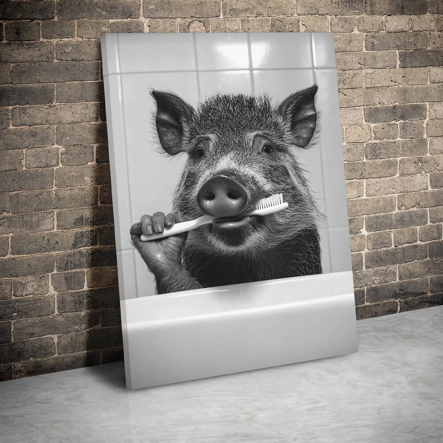 Wild Boar Bathroom Wall Art | Funny Animal Brushing Teeth Photography | Premium Gallery-Wrap Canvas | Whimsical Home Decor Gift