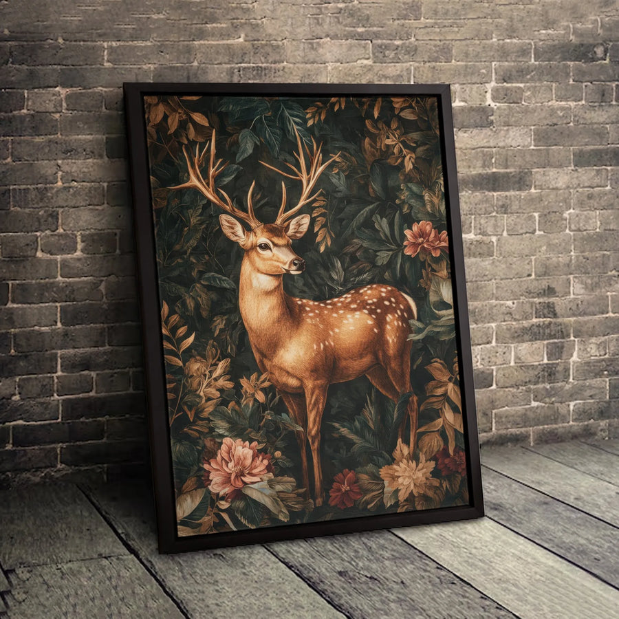 Majestic Deer Canvas Wall Art | Dark Moody Floral Forest Print | Gallery-Quality 1.25 Inch Wrap | Nature Lover Gift for Home Office Decor