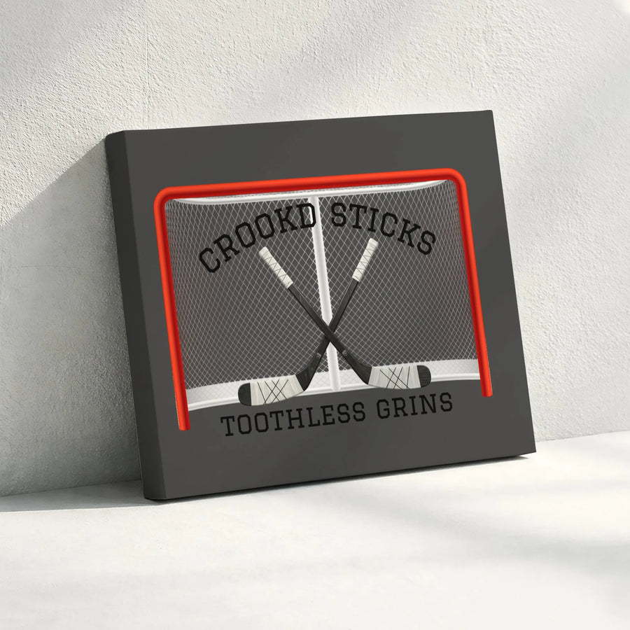 Hockey Canvas Wall Art | Crookd Sticks Toothless Grins Slogan | Premium Gallery Wrap Canvas | Gift for Hockey Player & Man Cave Decor
