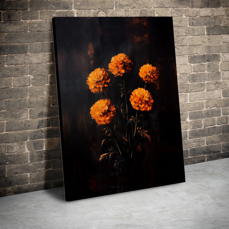 Moody Marigold Canvas Wall Art | Dark Floral Oil Painting Style | Premium Gallery Wrap Print | Elegant Home Decor Gift