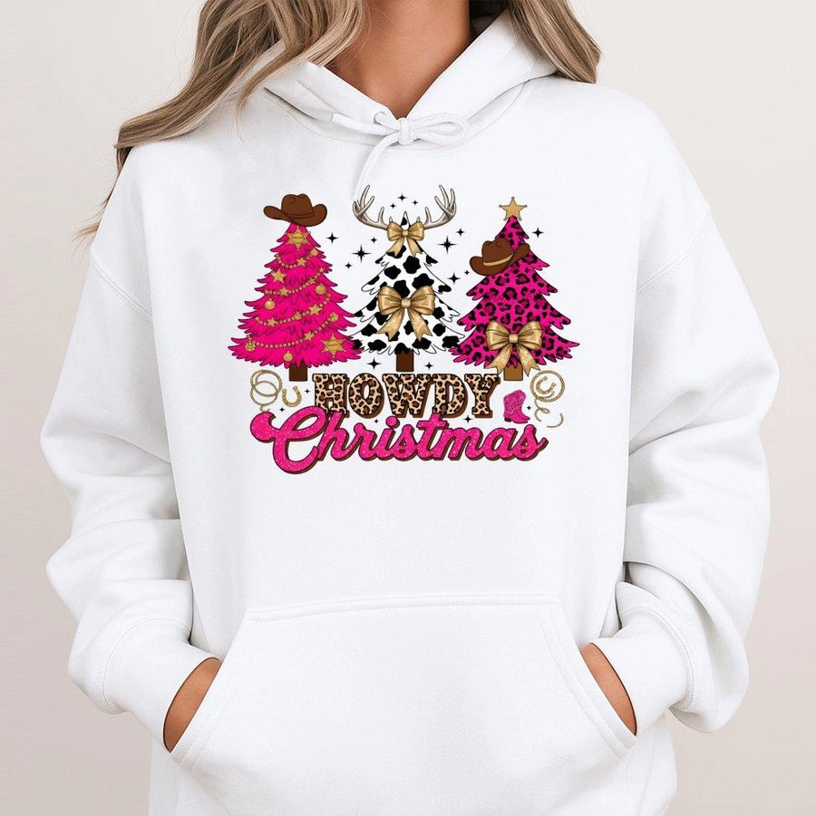 Howdy Christmas Hoodie | Western Cowgirl Pink Leopard Print | Premium Cotton Blend | Cute Country Holiday Gift for Women