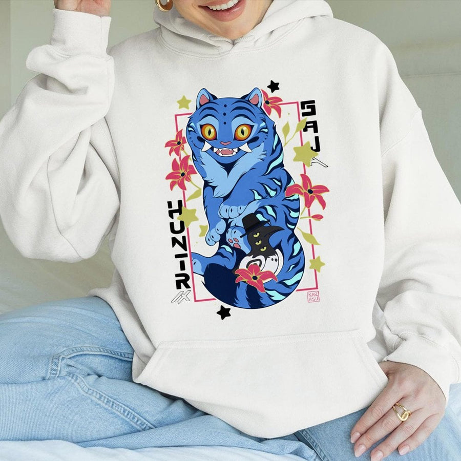 Anime Tiger Hoodie | Blue Demon Cat Graphic Art | Premium Cotton Blend Streetwear | Gift for Manga and Fantasy Lovers