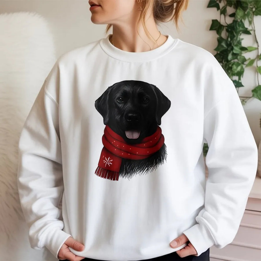 Black Labrador Christmas Sweatshirt | Festive Dog Wearing Red Scarf | Premium Cotton Blend Crewneck | Cute Holiday Gift for Dog Lovers