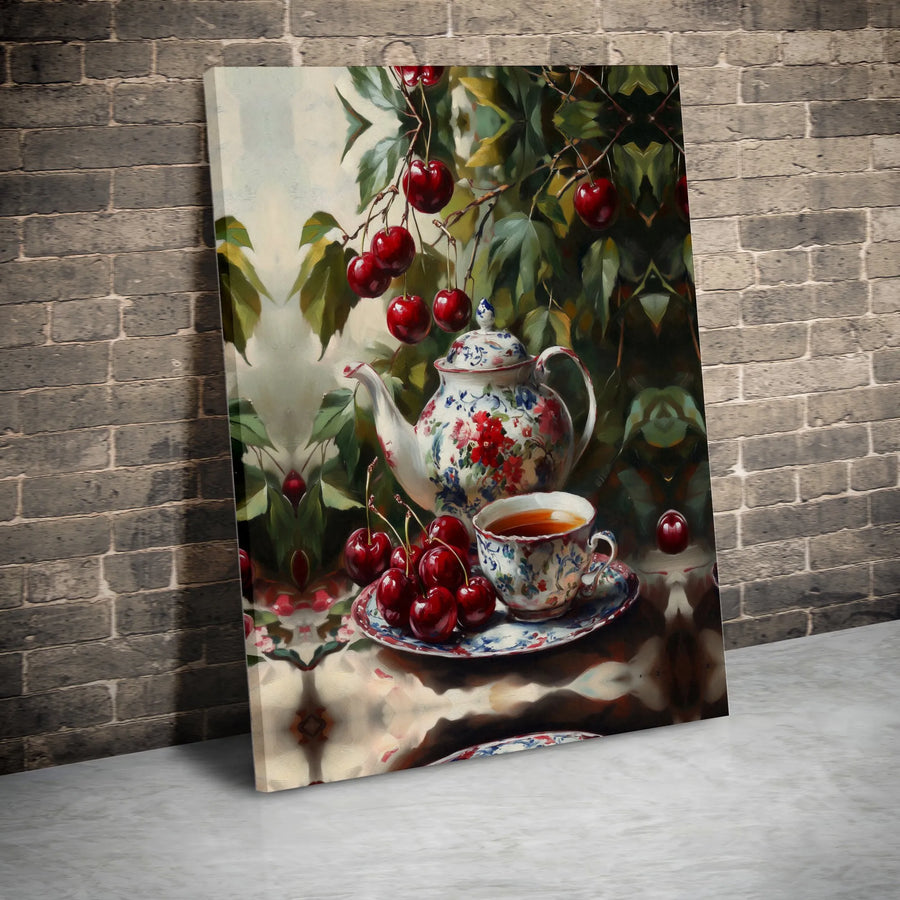 Vintage Cherry Tea Still Life Canvas Wall Art | Chinoiserie Teapot & Fresh Cherries Print | Premium Gallery Wrapped Canvas | Kitchen & Dining Room Decor Gift