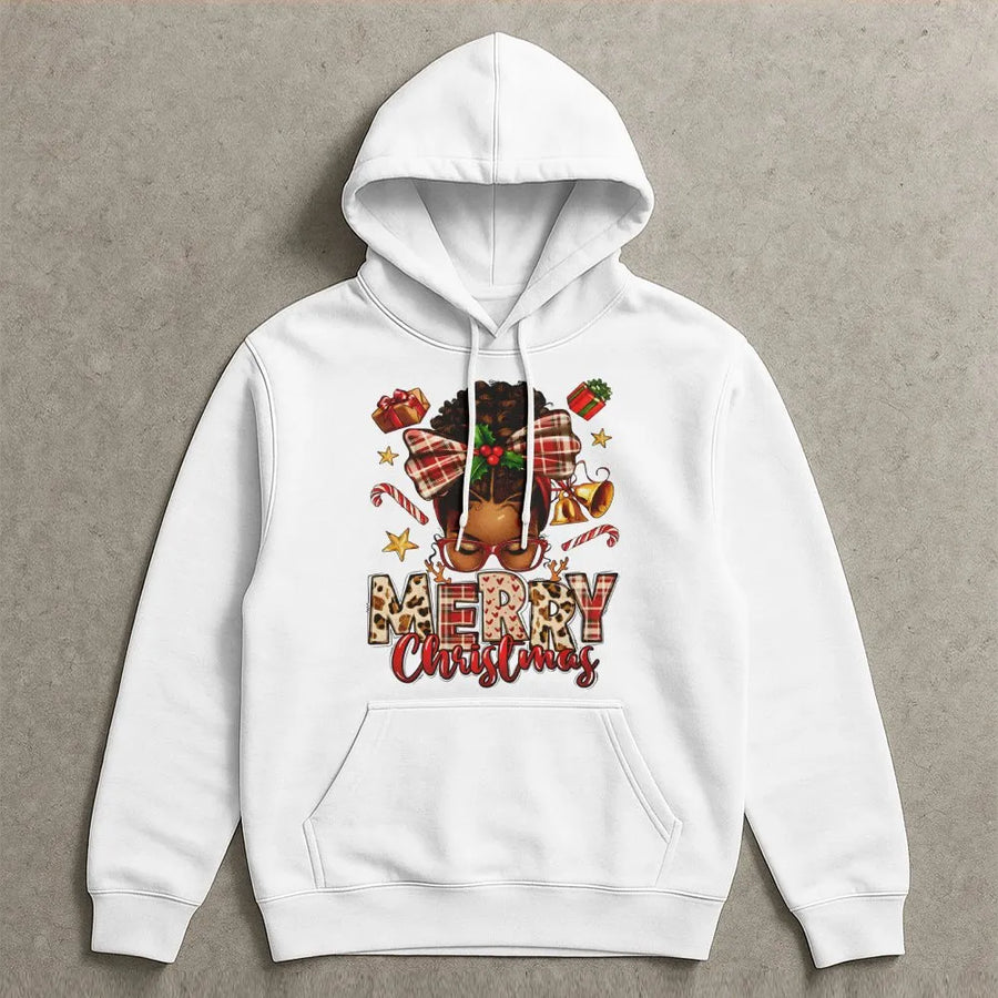 African American Merry Christmas Hoodie | Afrocentric Holiday Bun Graphic | Premium Cotton Blend | Black Queen Gift for Women